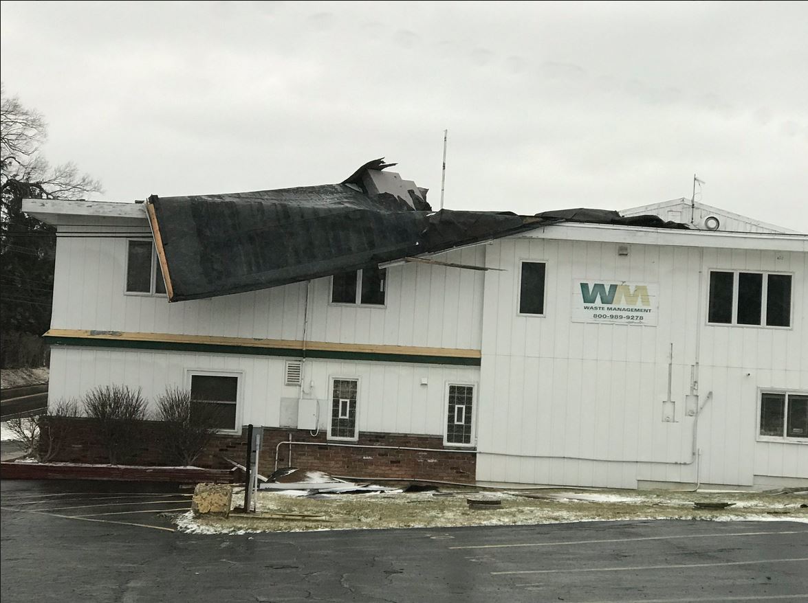 Portion of roof partially blown off a building in Geauga County