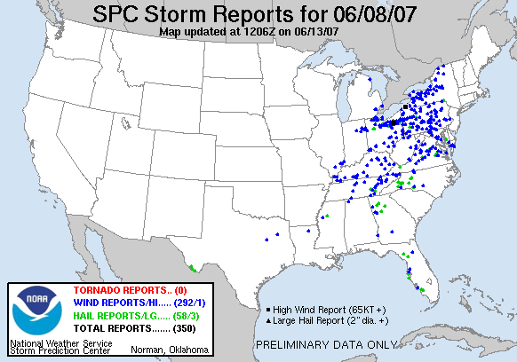 click on map for local storm reports nationwide on June 8, 2007