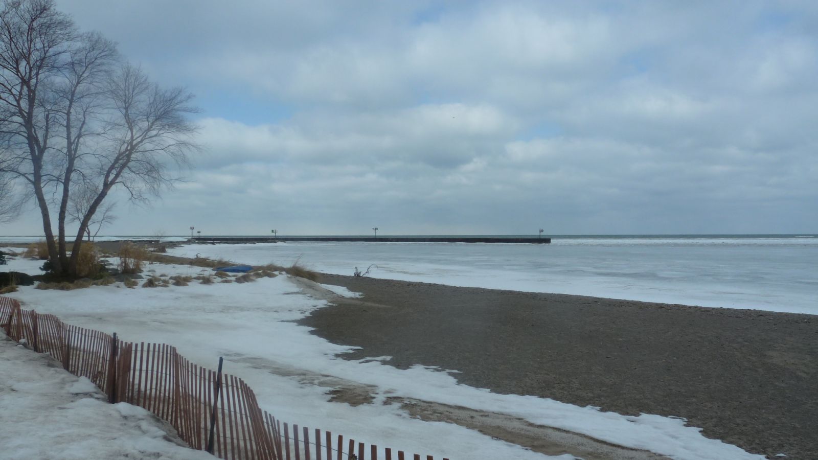 mouth of the Vermilion River clogged by ice on Lake Erie