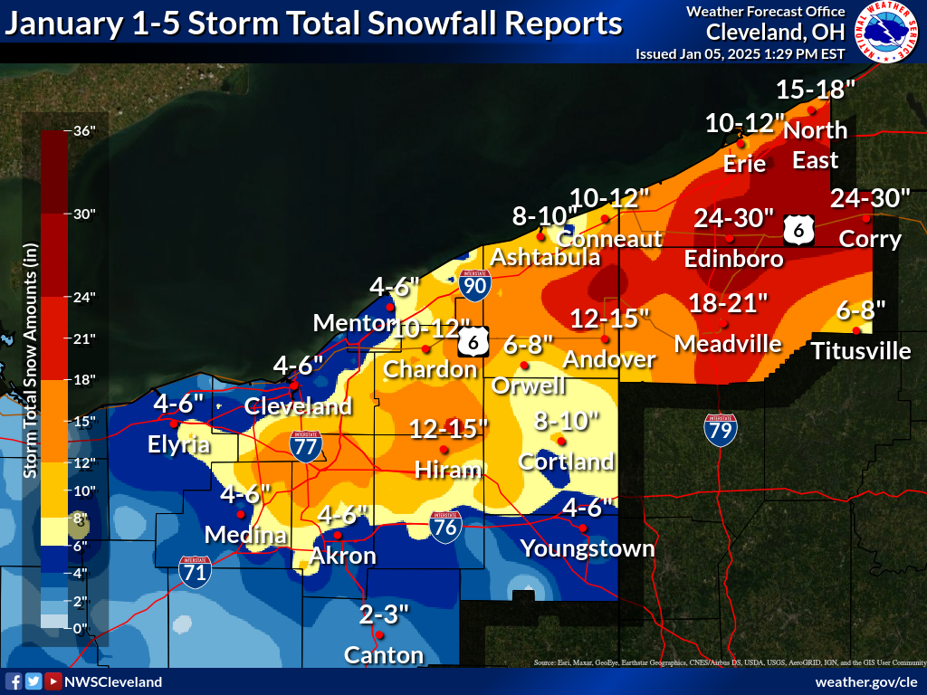 Storm Total Snowfall Map for January 1-5, 2025