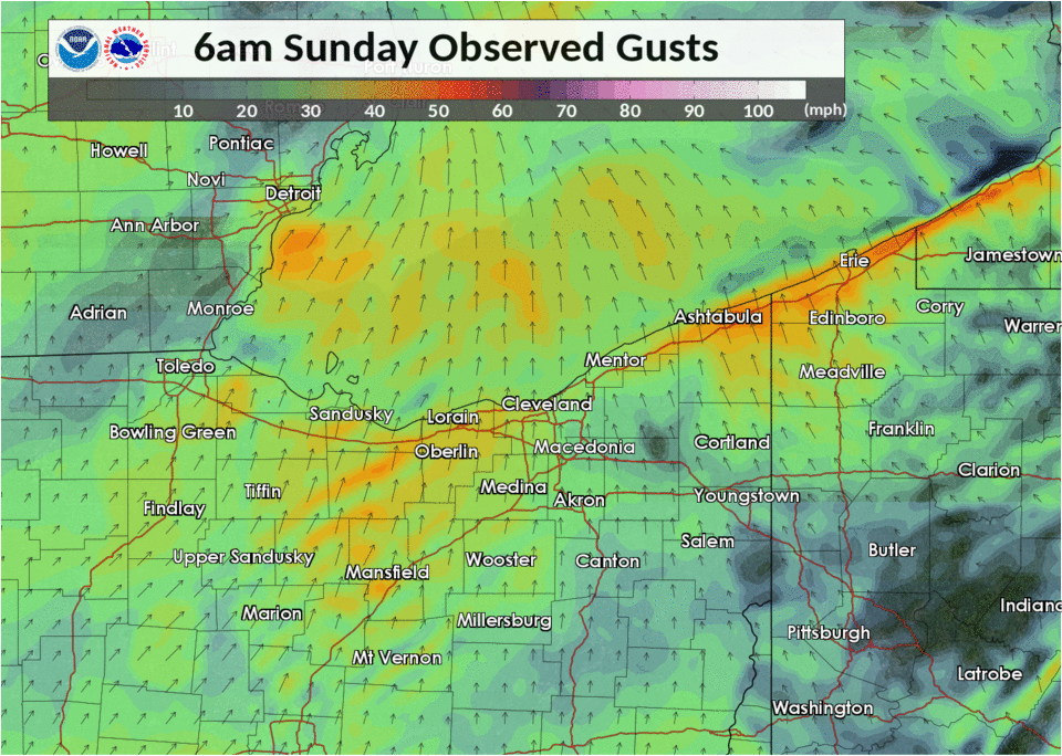 Observed wind gusts from 6 am Sunday to 3 am Monday
