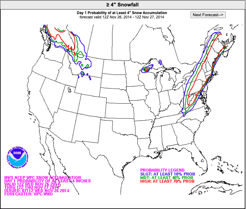 Day 1 Probability of at Least 4" Snow Accumulation