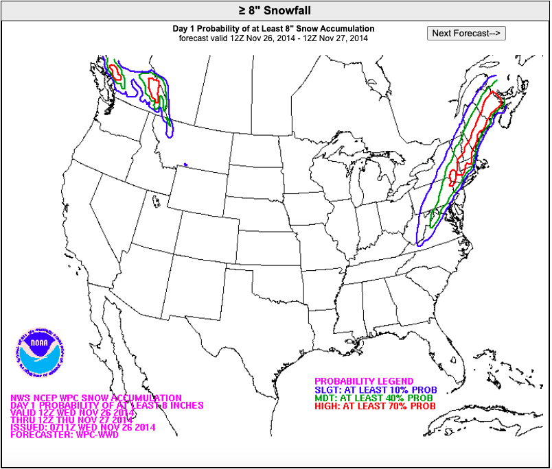 Day 1 Probability of at Least 8" Snow Accumulation