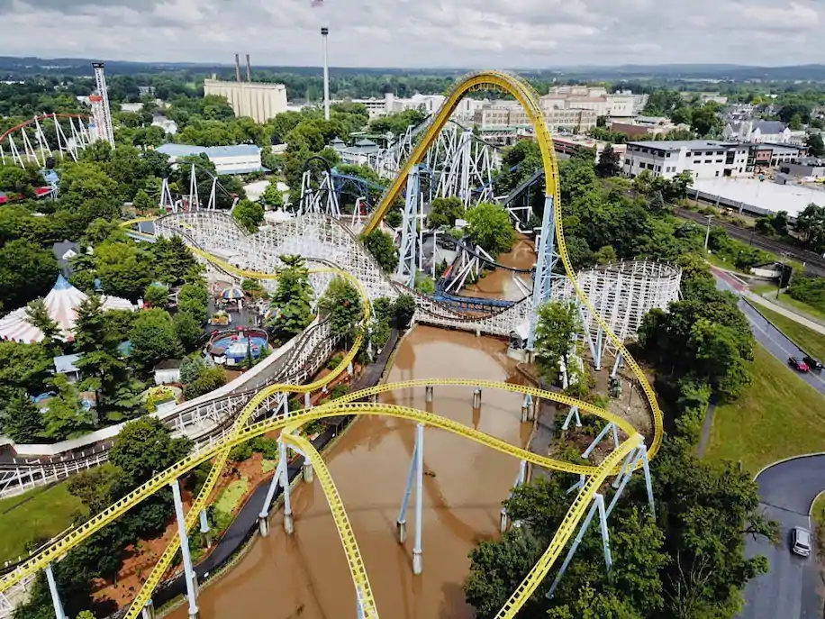 Muddy brown floodwaters in Spring Creek flow beneath the Skyrush roller coaster, painted yellow, and the Comet roller coaster at Hershey Park in Hershey, Pa. The park closed  Monday and Wednesday this week. (The Wyse Choice/Associated Press) Source: https://www.washingtonpost.com/news/capital-weather-gang/wp/2018/07/25/major-flooding-is-occurring-in-parts-of-pennsylvania-and-rivers-continue-to-rise-in-the-mid-atlantic/