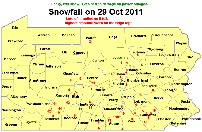 Snowfall Accumulations for 29 October 2011 (inches)