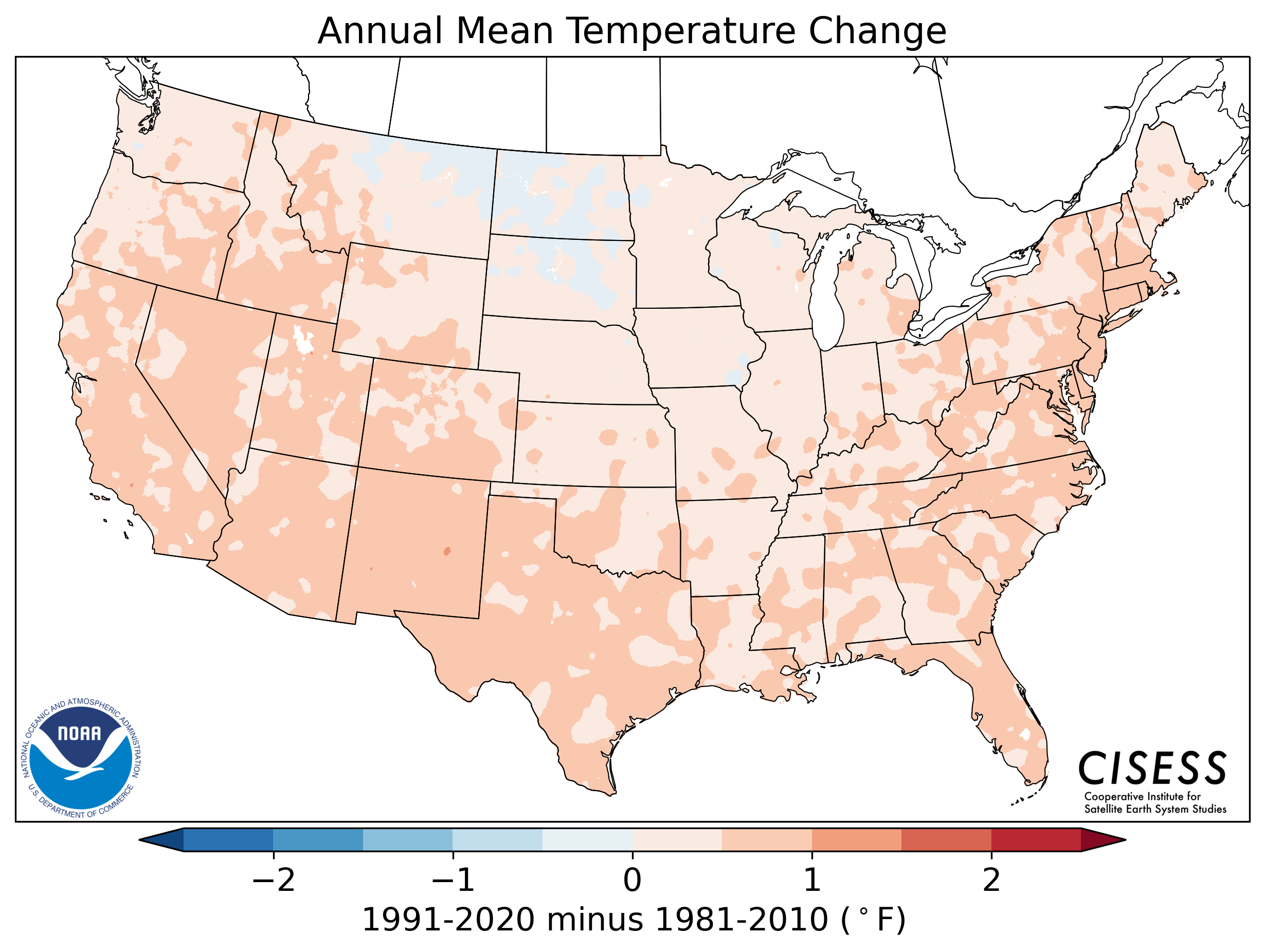 Difference in average annual temperature between new and previous normals.