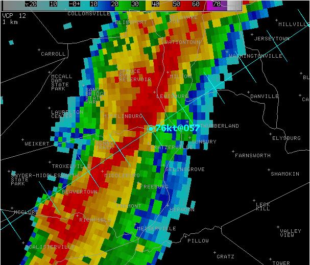 Radar Image of Line of storms over Sunbury, PA with Storm Motion/Speed overlay storm motion to the east-northeast at 87 mph.