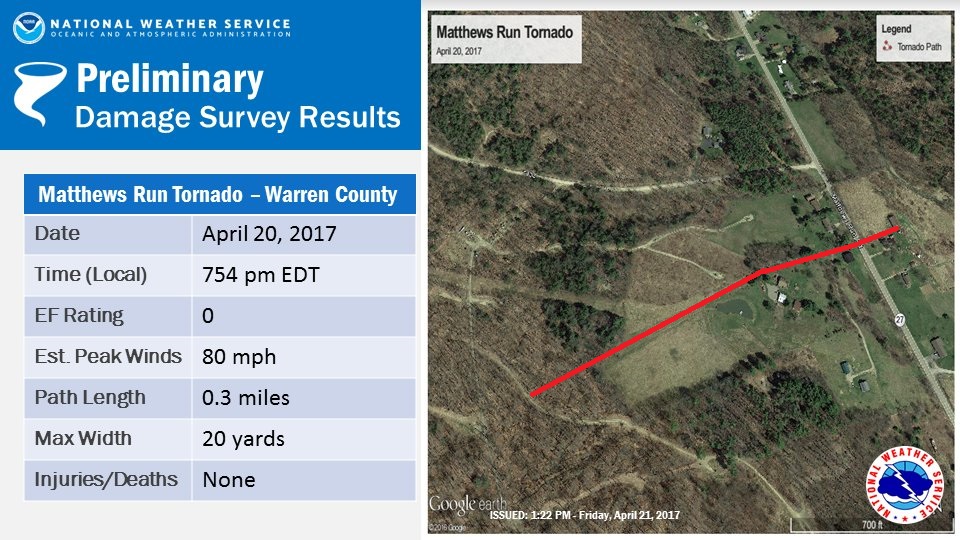 Map of area where a weak tornado occurred on April 20th, 2017 near Matthews Run in Warren Co PA