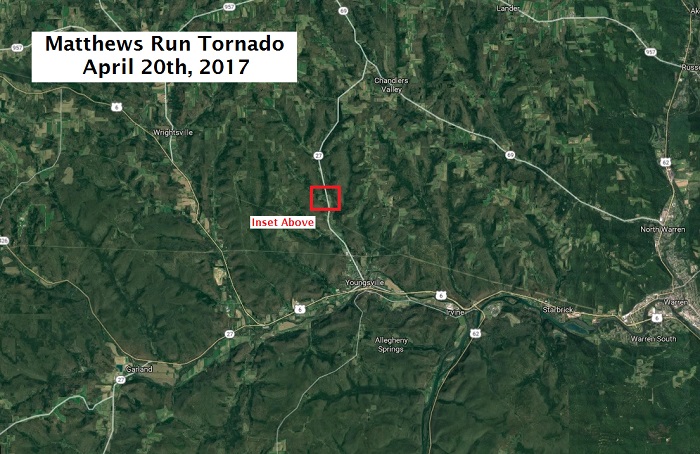 Wide view of area where tornado occurred on April 20th, 2017 (Central Warren Co PA)