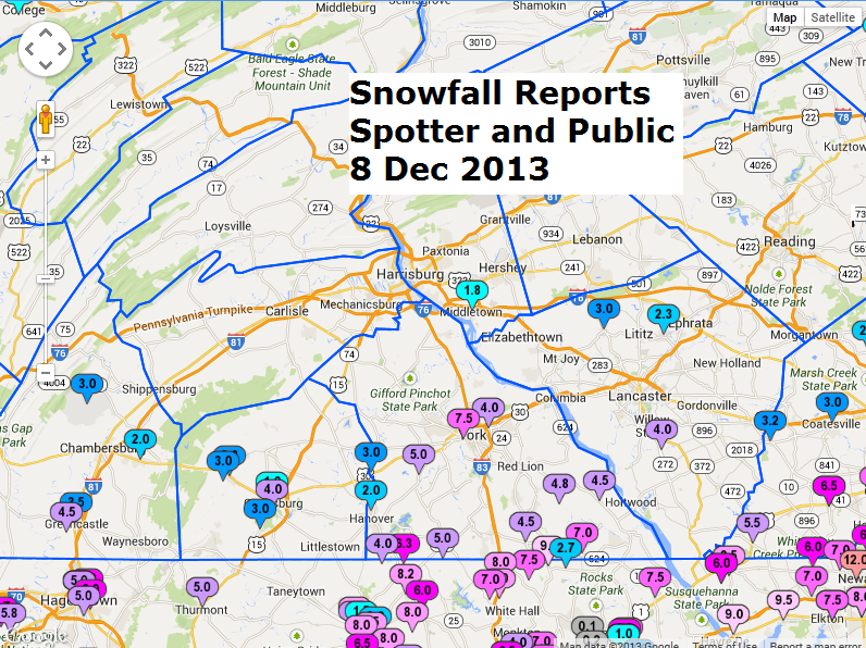 snow map from public and spotter reports for 8Dec2013