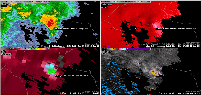 KLWX Radar 4 panel 1723Z 12 June 2023