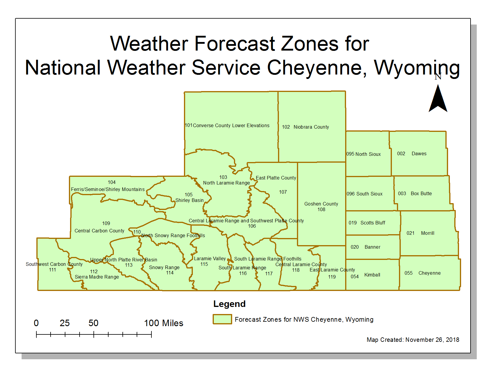 On the Wyoming Side of Forecast Zones: WYZ101 (Converse County Lower Elevations), WYZ102 (Niobrara County), WYZ103 (North Laramie Range), WYZ104 (Ferris/Seminoe/Shirley Mountains), WYZ105 (Shirley Basin), WYZ106 (Central Laramie Range and Southwest Platte County), WYZ107 (East Platte County), WYZ108 (Goshen County), WYZ109 (Central Carbon County), WYZ110 (North Snowy Range Foothills), WYZ111 (Southwest Carbon County), WYZ112 (Sierra Madre Range), WYZ113 (Upper North Platte River Basin), WYZ114 (Snowy Range), WYZ115 (Laramie Valley), WYZ116 (South Laramie Range), WYZ117 (South Laramie Range Foothills), WYZ118 (Central Laramie County), and WYZ119 (East Laramie County).	