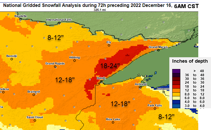 Snowfall Analysis for December 14-16 2022, showing 8-24 inches over the Northland