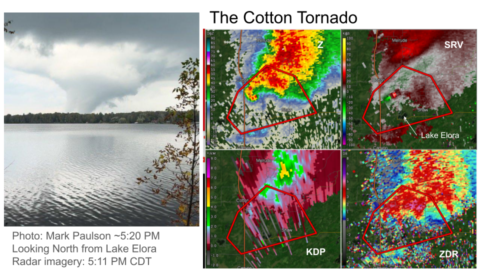 Radar Imagery of Cotton Tornado with photo of tornado from Lake Elora