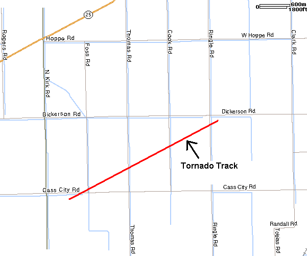 Map of the tornado path in Akron Township