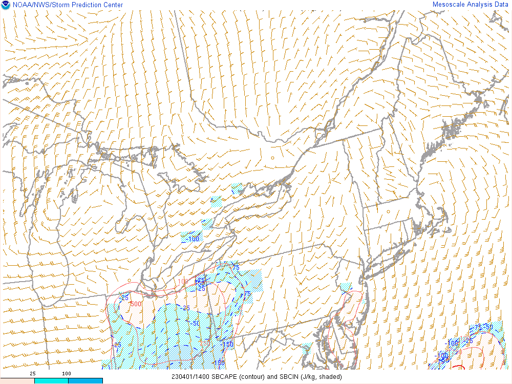 Figure 4: Surface-Based Convective Available Potential Energy, valid 1400 UTC 1 Apr 2023
