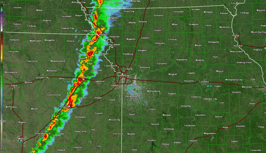 Radar reflectivity look of storms moving through eastern KS and western MO