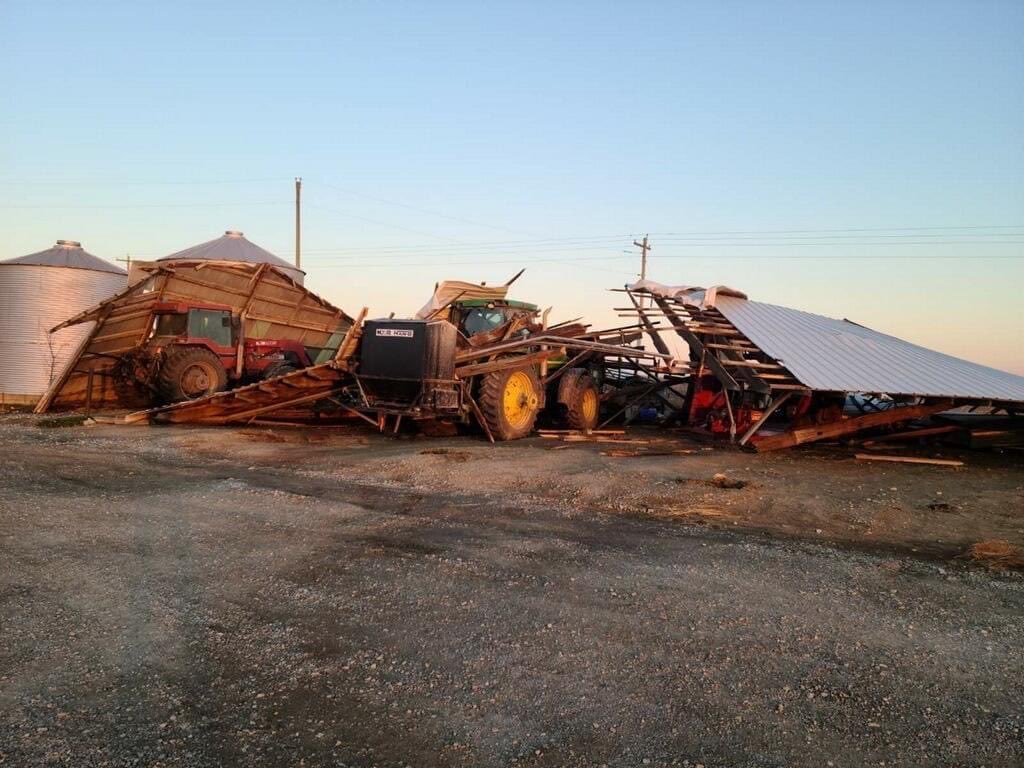 Photo of wind damage to a metal outbuilding in Ridgeway, MO.