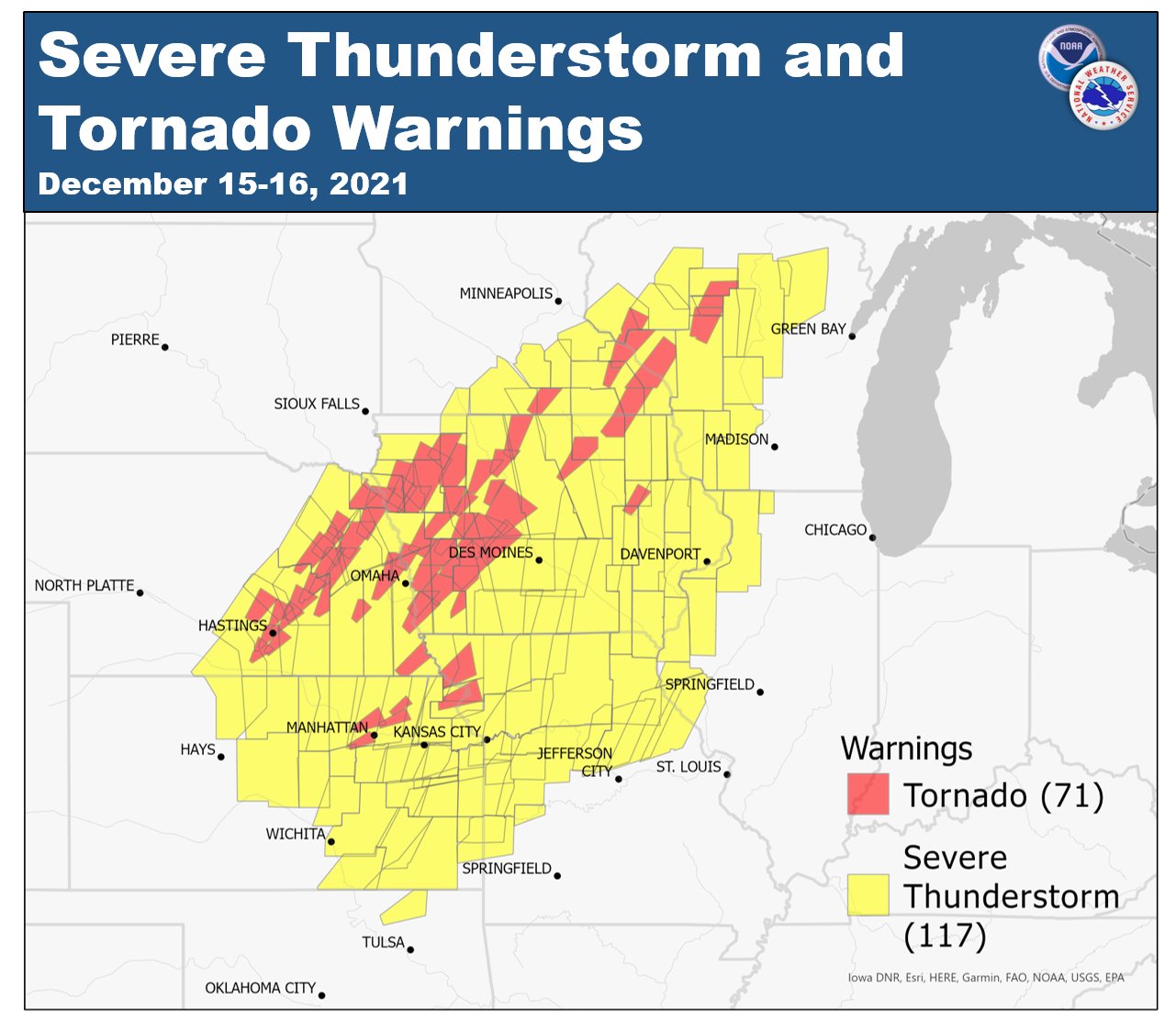 Map of severe thunderstorm and tornado warnings issued across the Midwest on December 15th, 2021.