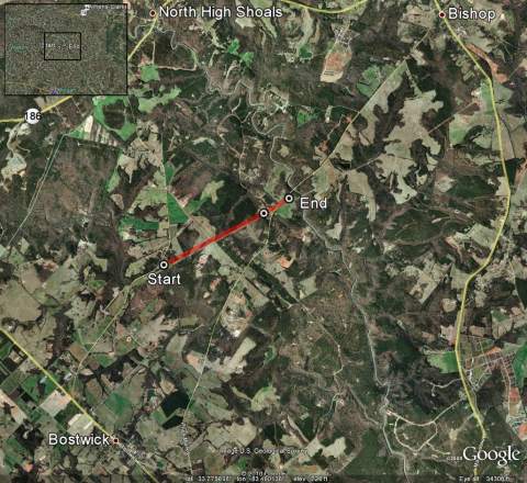 [ Path of EF1 tornado that struck northeast of Bostwick in Morgan County. ]