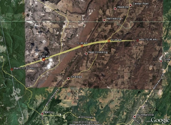 [ Path of EF1 tornado that struck north northeast of Cloudland in Chattooga County. ]