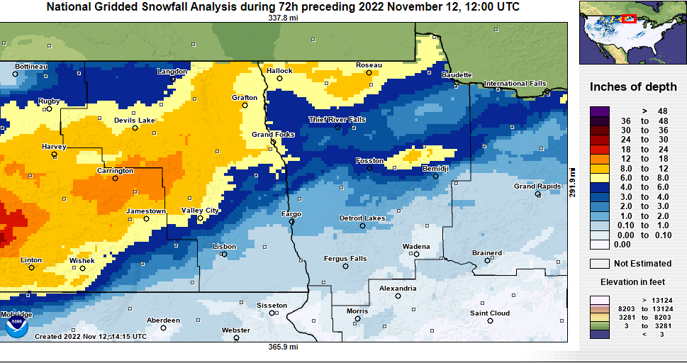 Image of Snow Totals across the area, ranging from close to nothing where more freezing rain occurred, to 12 - 18 inches in the Devils Lake Basin