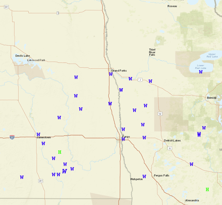 Photo showing locations of wind and hail reports from the event