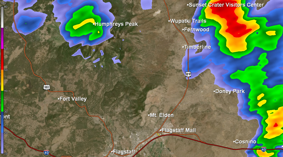 Radar image of Monsoon thunderstorms that produced the heavy rainfall over the Schultz Fire burn scar area.