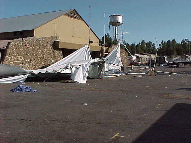 Image of destruction of building at the Coconino Fairgrounds from a dustdevil.