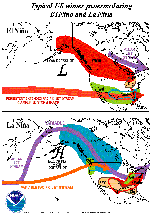 Typical winter atmospheric responses to El Niño and La Niña.