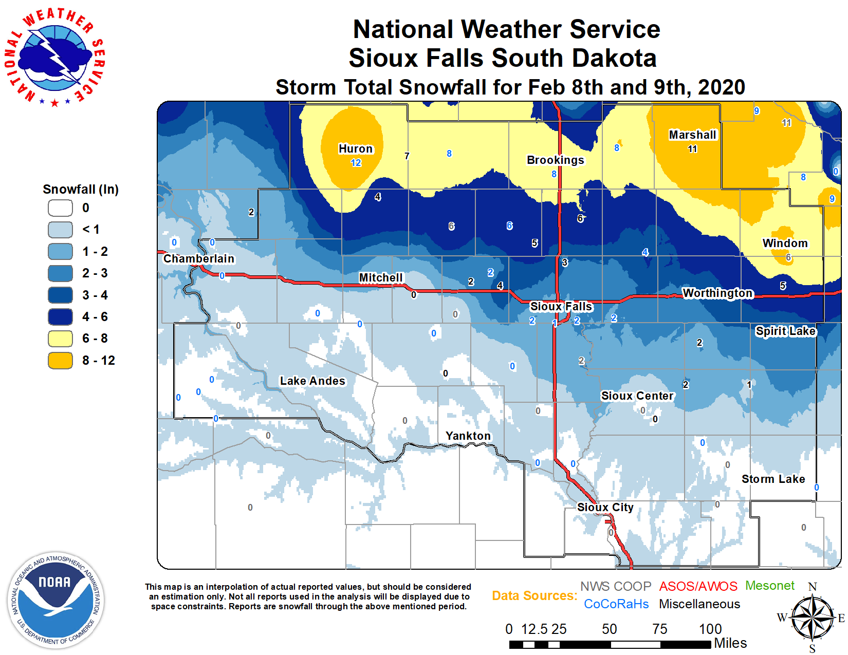 Band of Heavy Snow Across East Central South Dakota Into Southwest Minnesota