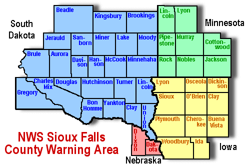 Map Of Sioux Falls And Surrounding Towns Warning And Forecast Area Of Nws Sioux Falls, Sd