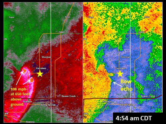 Velocity and reflectivity image from 454 am CDT.