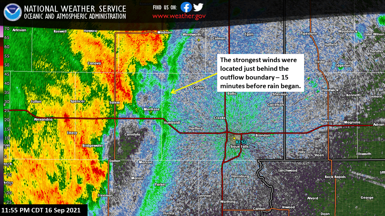 Radar Image of the outflow boundary and damaging winds reaching Humboldt, South Dakota.