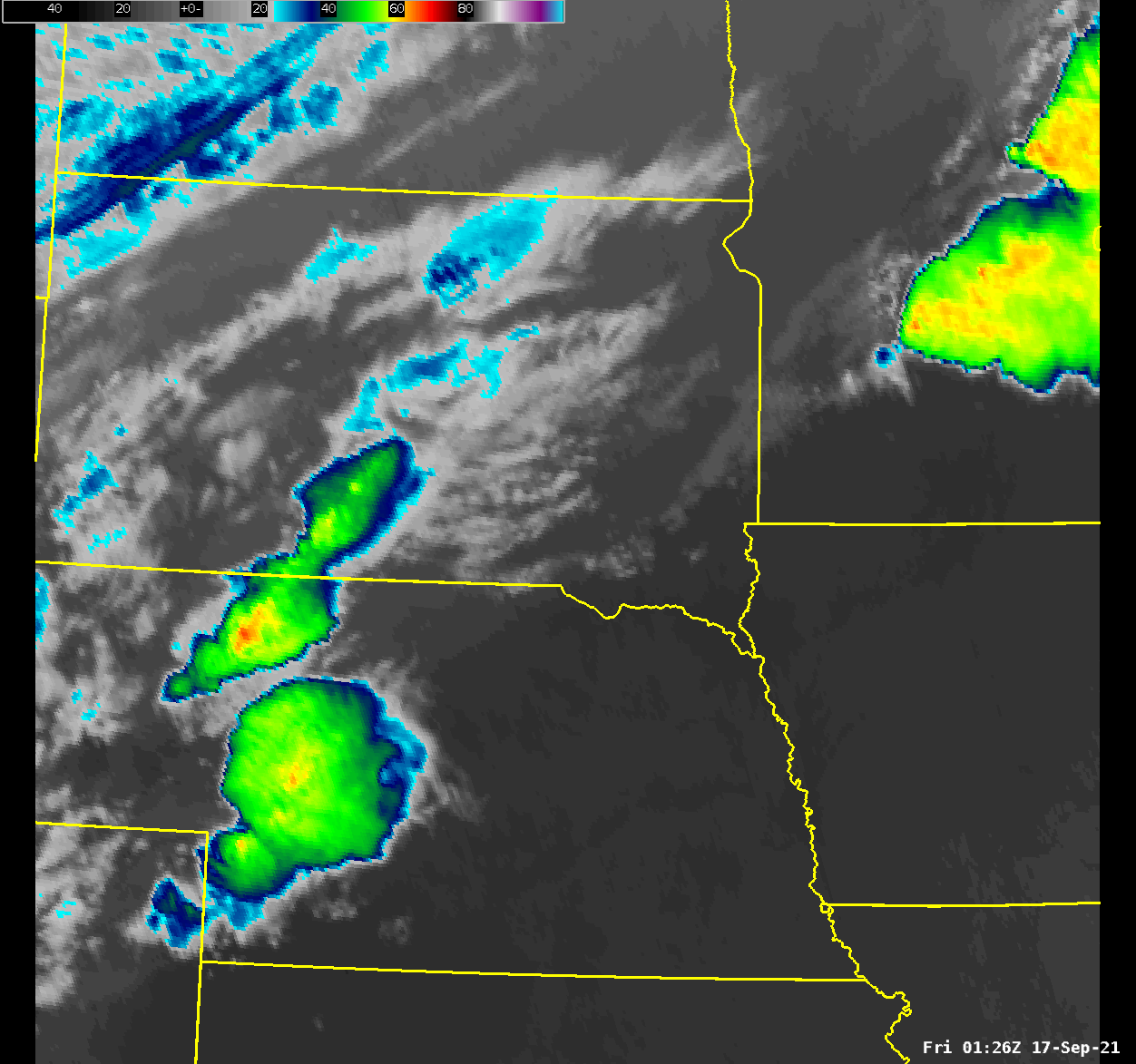 Infrared Satellite loop of storms moving across the Northern Plains on the evening of September 16, 2021