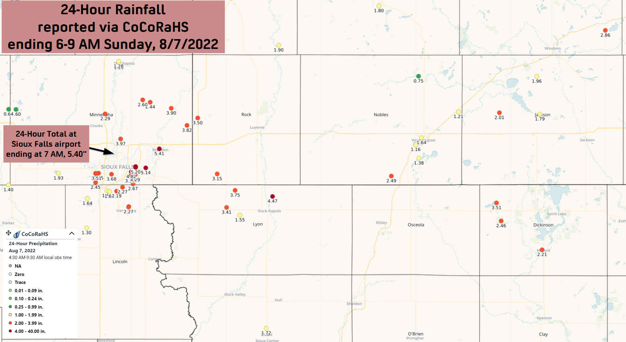24-hour rainfall reports via CoCoRaHS reporting network. Amounts across Sioux Falls generally range from under 2 inches in southern Sioux Falls, to over 5 inches in the far north