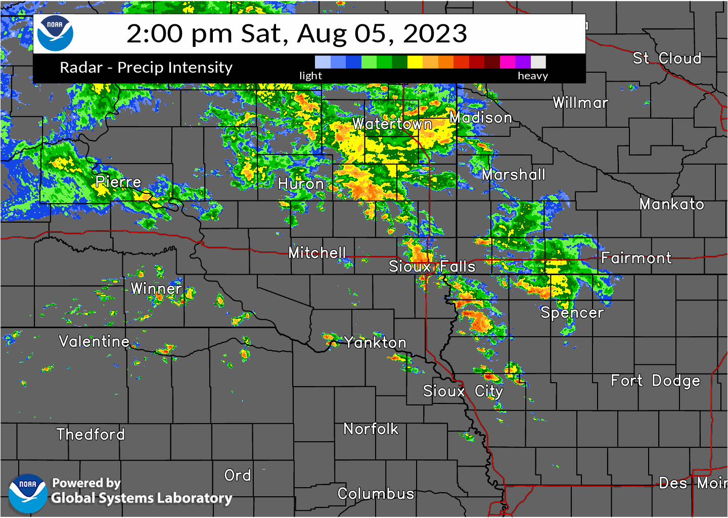 Radar loop over the forecast area from 2 PM to 8 PM on Saturday, August 5. The heaviest rainfall is focused near the Highway 14 corridor in Kingsbury county. Showers and storms continue for most of the loop duration across northwestern Iowa as well. Scattered showers and storms filter in over other portions of the area.