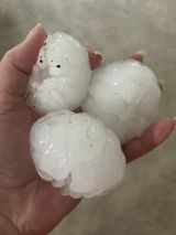 Person's hand with three large hailstones