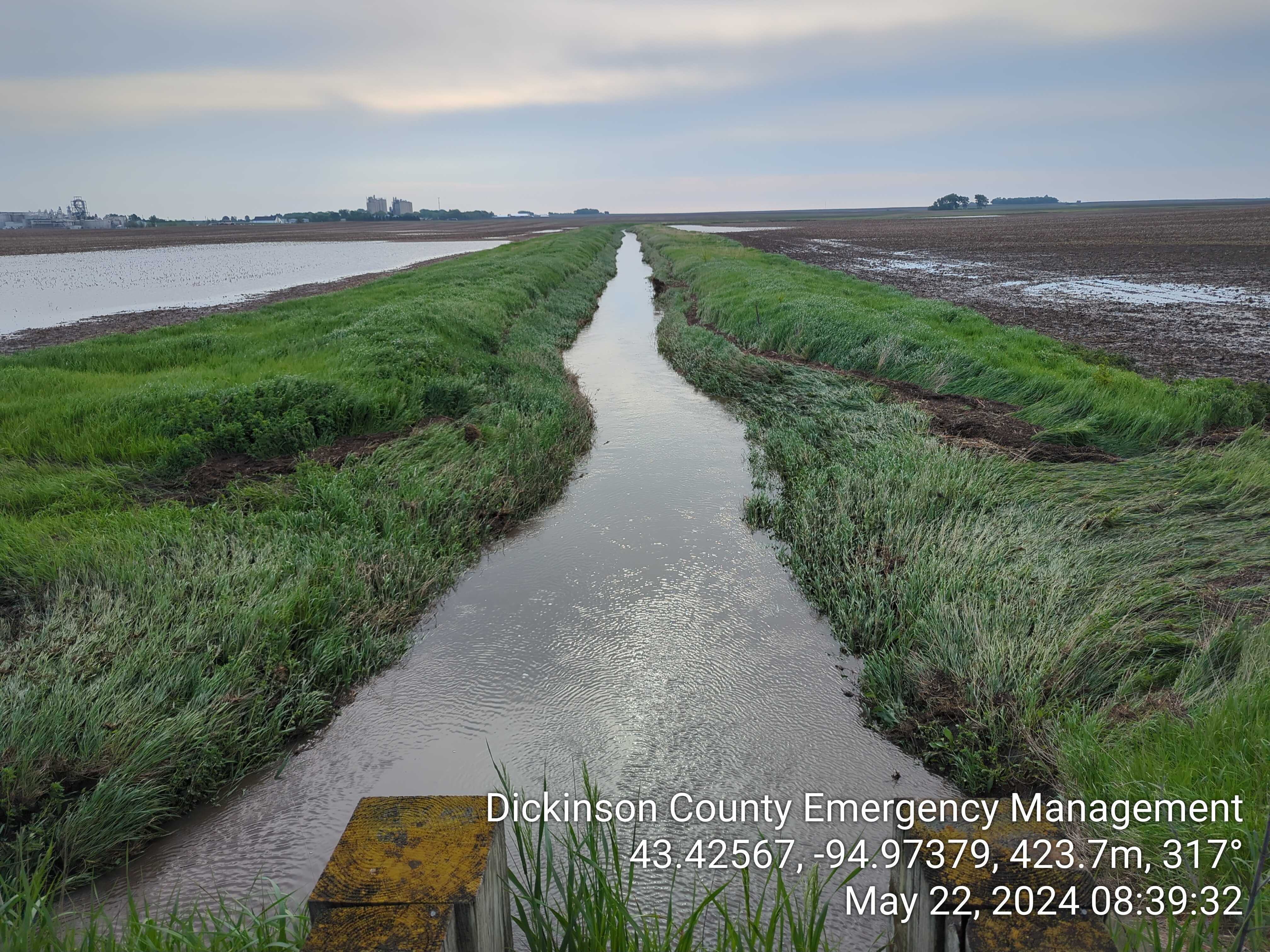 Photo of water standing in fields as well as a full ditch. Some of the grass is flattened where water level had been higher the previous night.