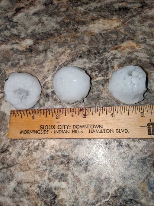 Hail stones compared to a ruler. Most are over an inch.