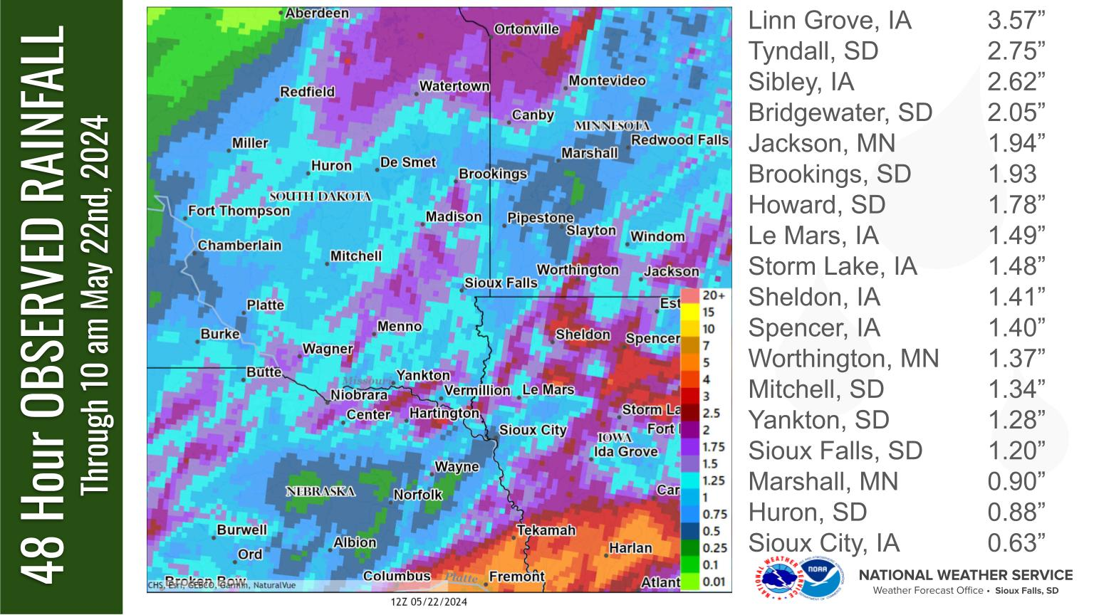 48 hour rainfall map for May 20 through 22. Greatest amounts were located over northwestern Iowa, with another area of heavy rainfall from Brookings to Wagner, South Dakota.