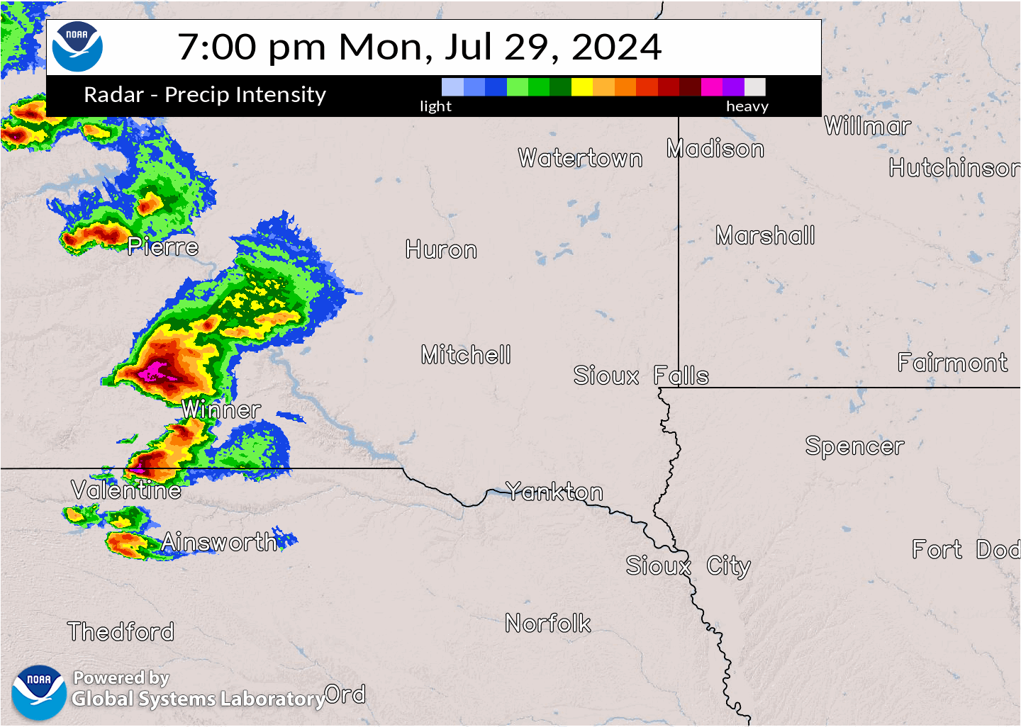 Radar loop from 7 PM Monday to 1 AM Tuesday. A semi-organized cluster of storms moves across south central SD, developing into a much more organized bowing line as it moved through Siouxland after 11 PM Monday evening.
