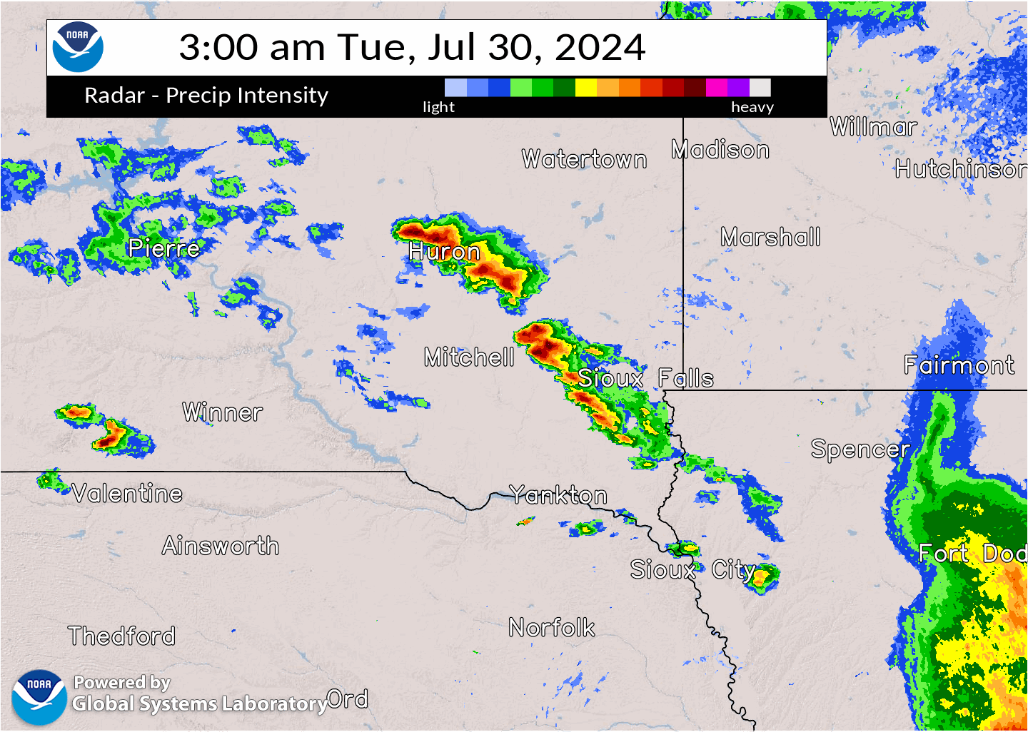 Radar loop from 3 AM through 9 AM Tuesday morning. This loop features a second cluster of storms which developed around Sioux Falls and tracked southeast into northwest Iowa, while an isolated severe storm moves east along Interstate 90 from Chamberlain to west of Sioux Falls.