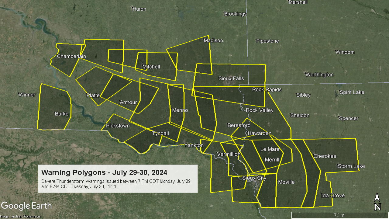 Graphic showing all severe thunderstorm warnings which were issued between 7 PM CDT July 29th and 9 AM CDT July 30, 2024
