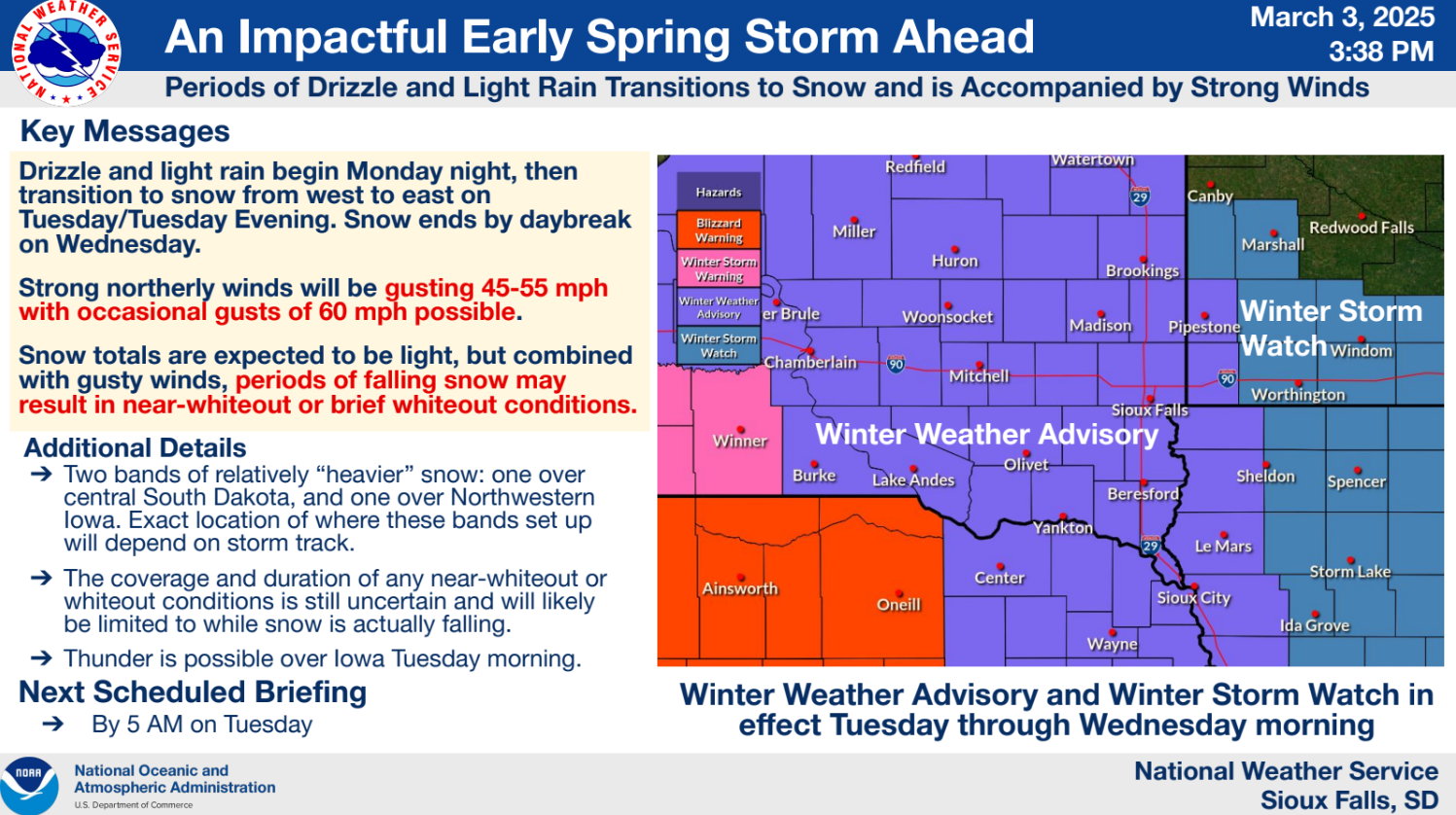 Image of winter weather advisory and winter storm watch as of Monday afternoon March 3rd, 2025