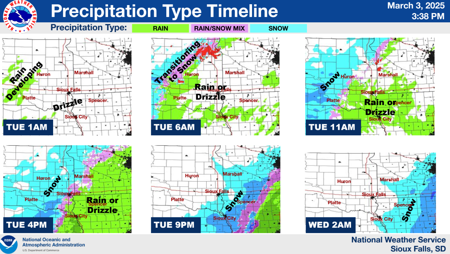 Six images of rain transitioning to wintry mix and snow across the region, one image every 6 hours representing precipitation type and timing for Tuesday march 4th through Wednesday March 5th 2025