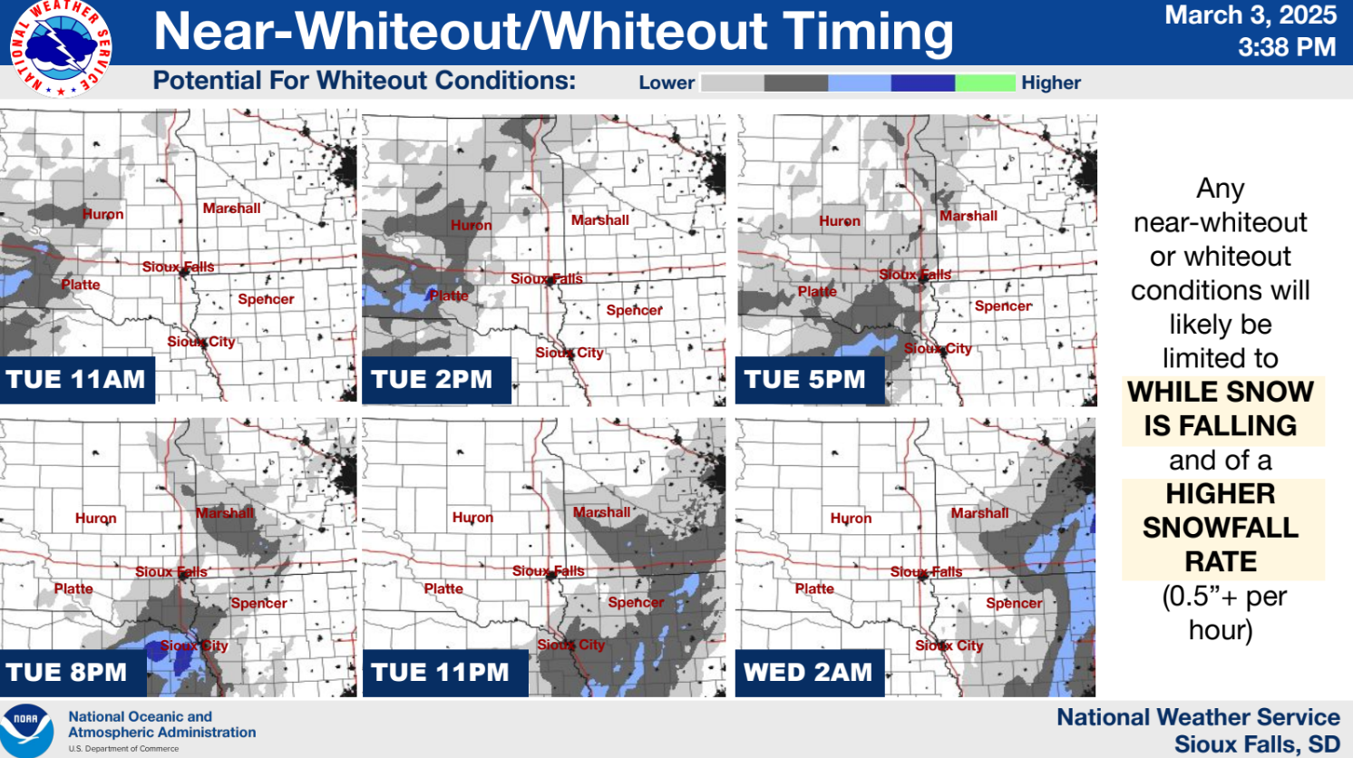 Six images indicating timing of snowfall rates across the region, one image every 6 hours representing precipitation type and timing for Tuesday march 4th through Wednesday March 5th 2025