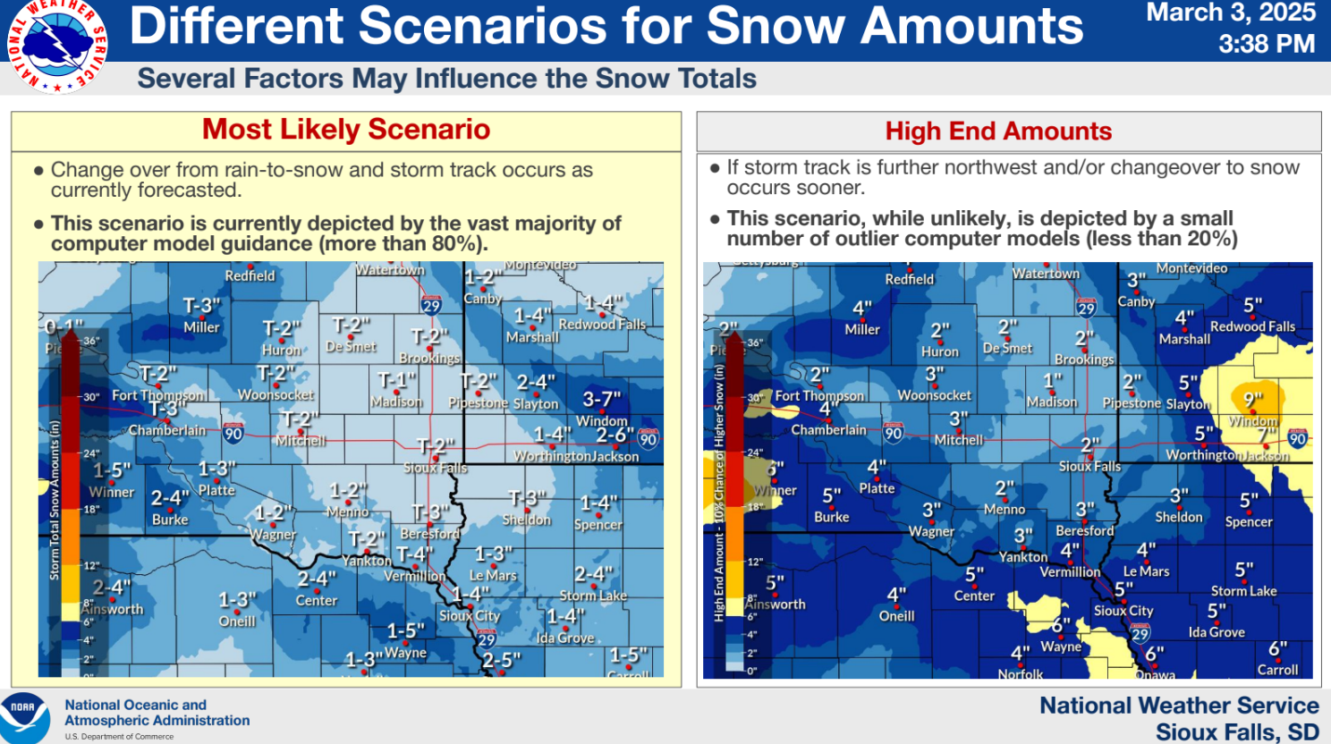 Images of most likely and high end snowfall scenarios