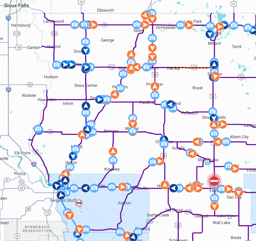 Map from the Iowa DOT 511 page shows roads were closed or travel was not advised across most of northwest Iowa on Wednesday morning March 5th, 2025.