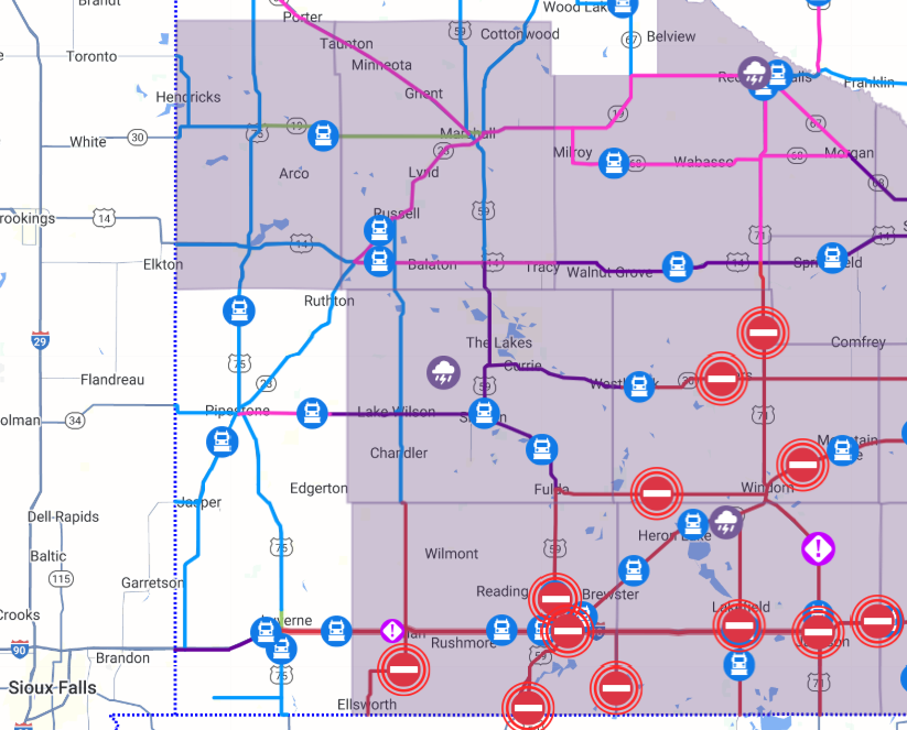 Map from Minnesota DOT 511 shows roads were closed or travel was not advised across most of southwest Minnesota on Wednesday morning March 5th, 2025.